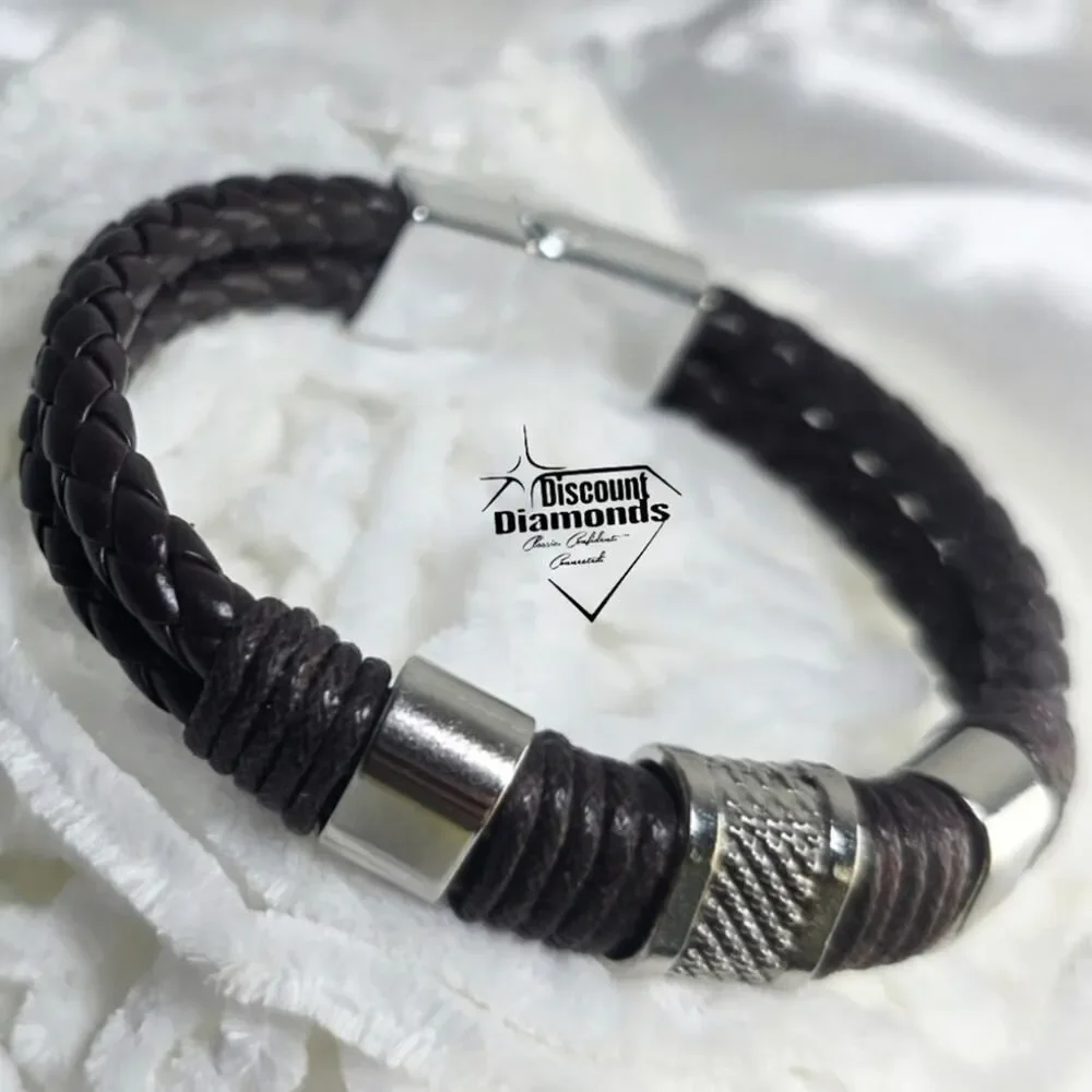 Brown Braded Leather Bracelet Silver Stainless Steel